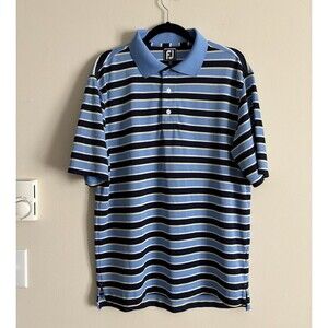 Footjoy Mens Medium Golf Polo Striped Navy Blue Yellow White‎ Preppy Casual